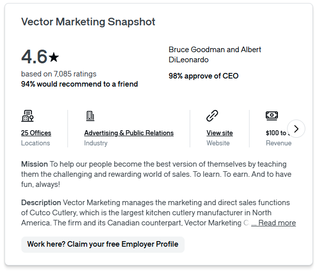 A screenshot from Glassdoor shows the overall information for Vector Marketing, including 4.6 out of five stars and a 95% recommendation rate.