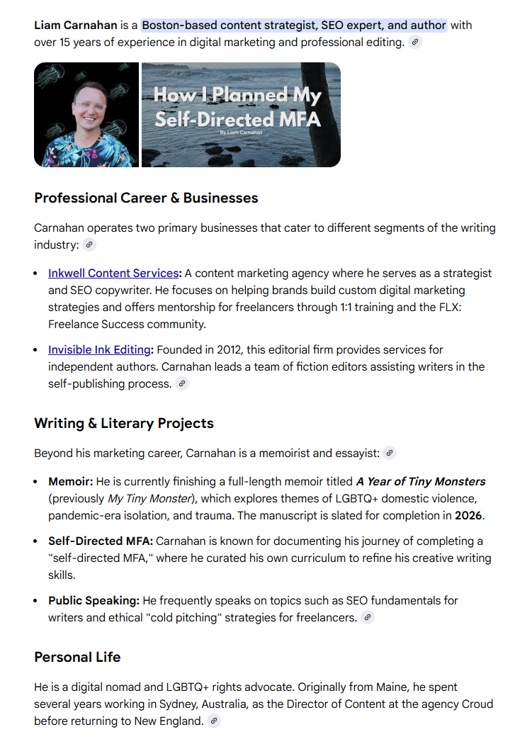 A search result for the term Liam Carnahan lists his accomplishments and features his personal branding.