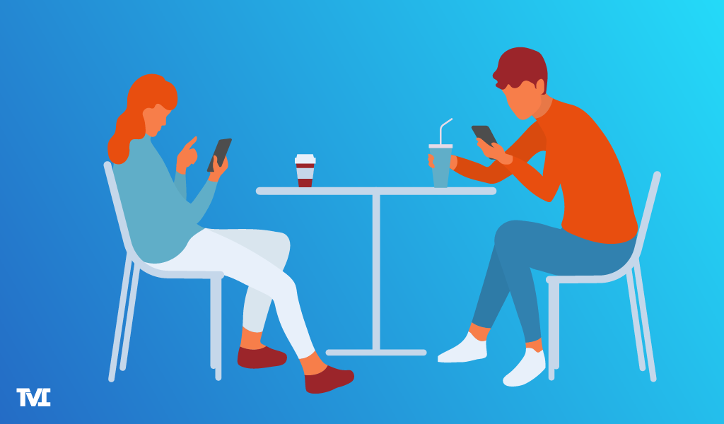 illustration of 2 people sitting at a table, looking at their phones