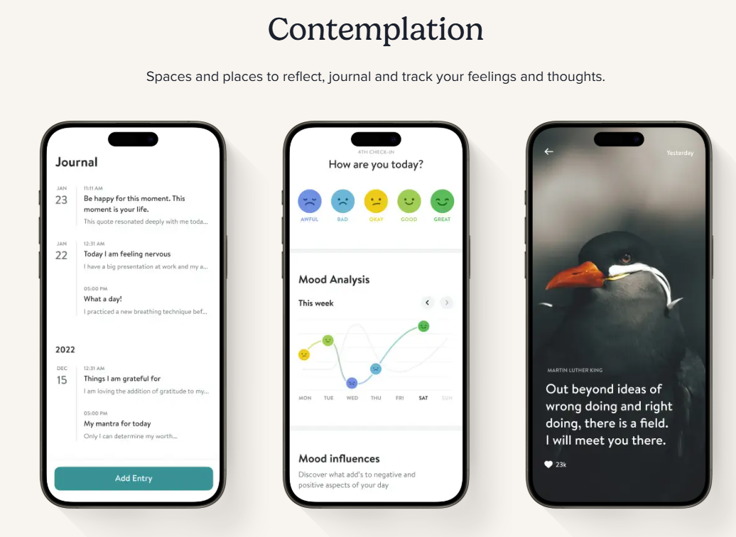 Three mobile screenshots from the Insight Timer app show a weekly journal, a mood tracker, and an inspirational quote over an image of a bird.