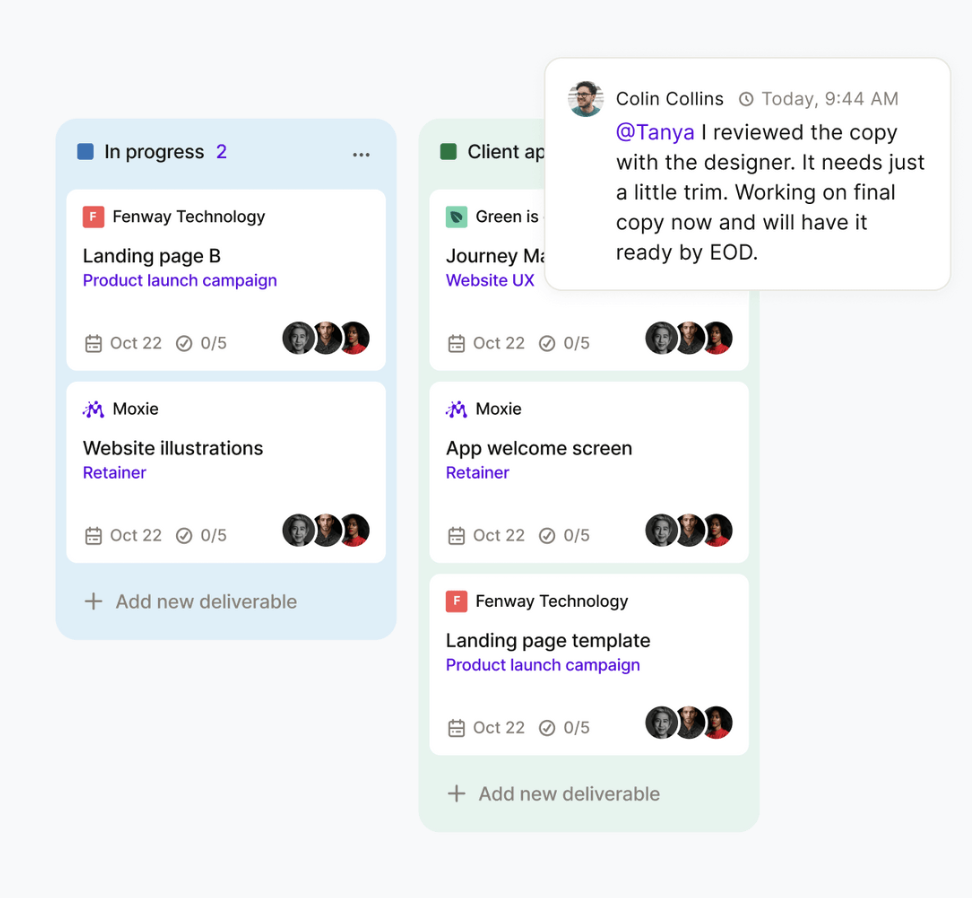 Alt text: screenshot of Moxie dashboard, showing projects in progress and client approved columns, along with a note tagging another user