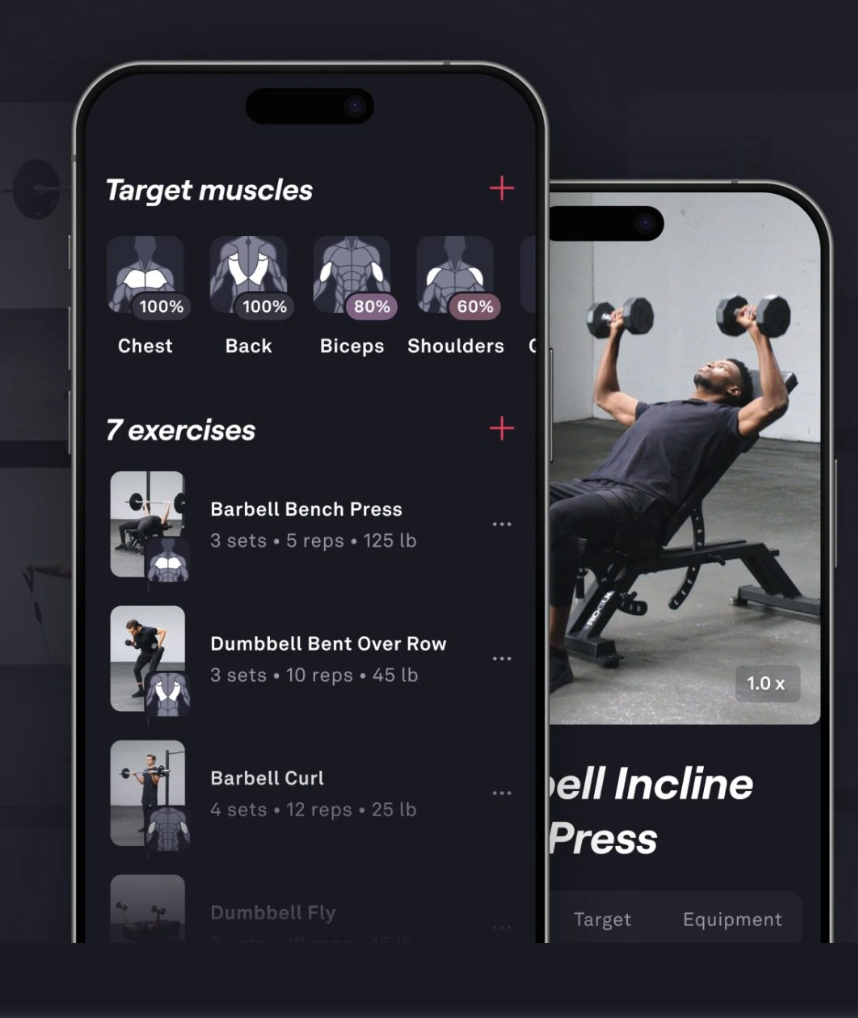 A screenshot of the FitBod app, showing target muscles, exercises, and how to do a barbell incline press.