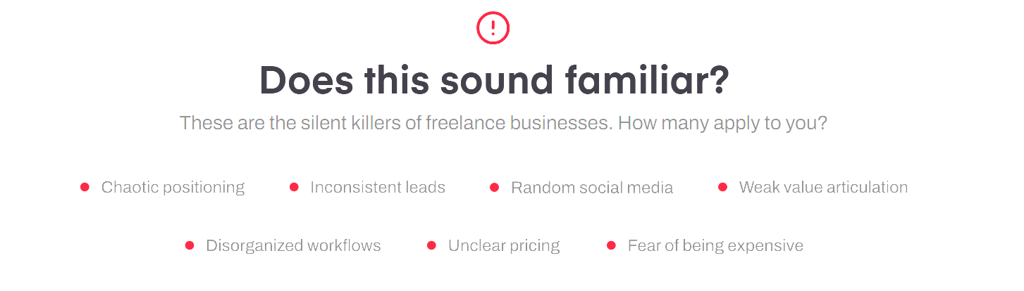 Freelancer pain points that Elina has listed on her website under the heading, "Does this sound familiar?"