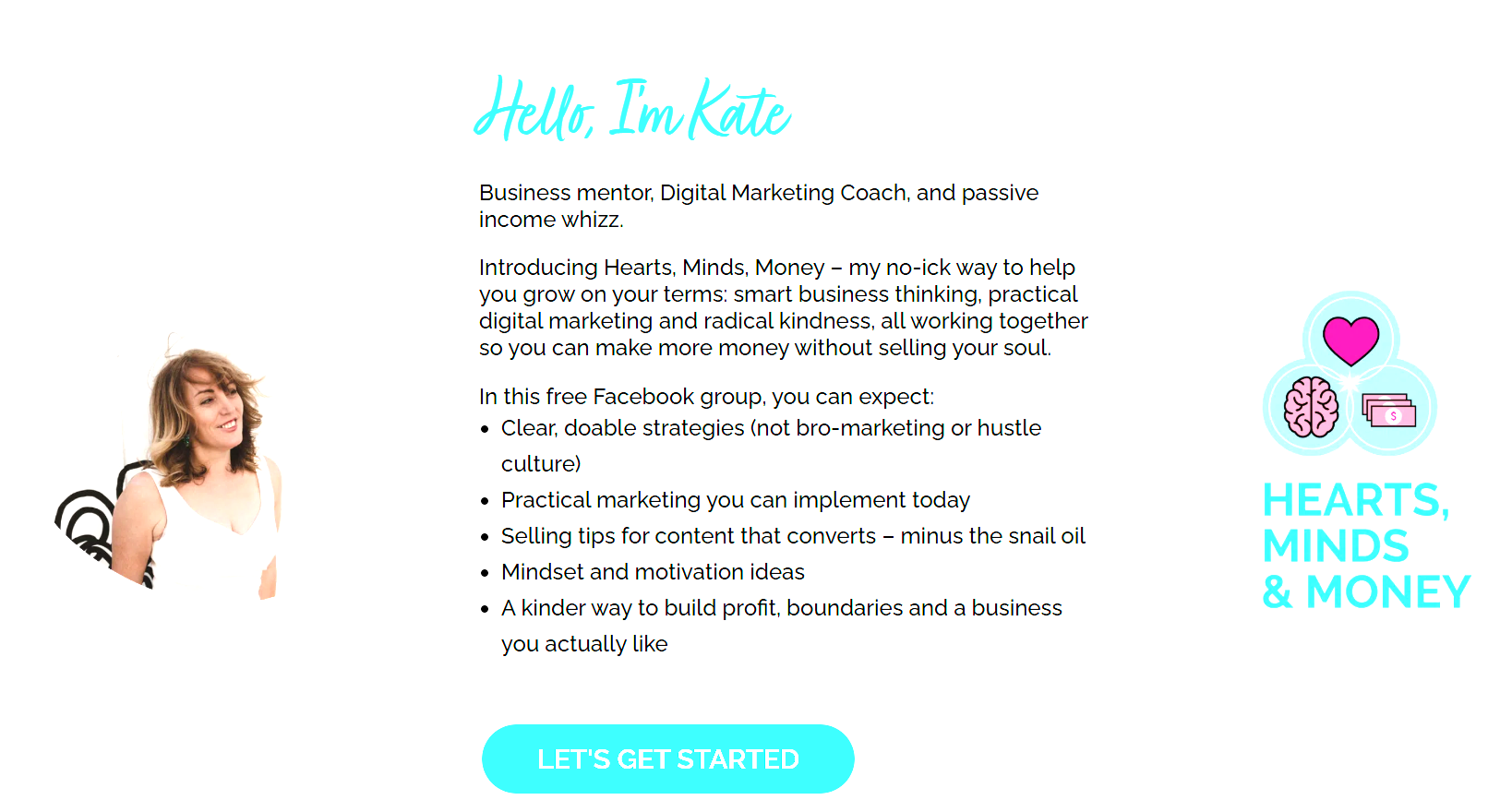 screenshot from Kate's Facebook group, "Hearts, Minds & Money": "Hello, I'm Kate" with a brief overview of things to expect in the group