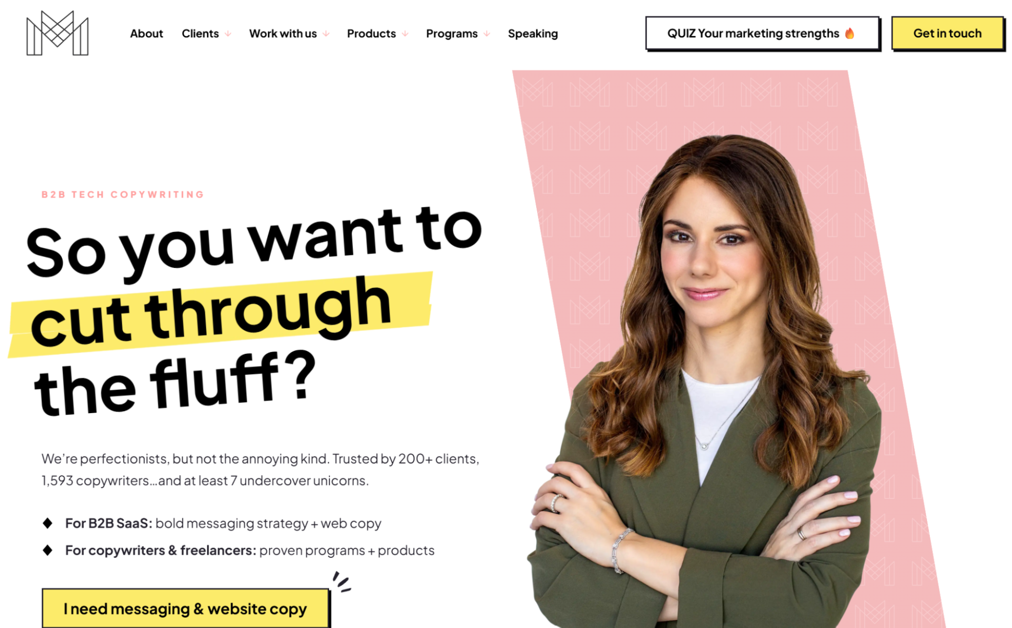 personal brand example of Michal Eiskowwitz's website, a B2B tech copywriter, featuring a description of what she does, a photo of her, and a call-to-action button