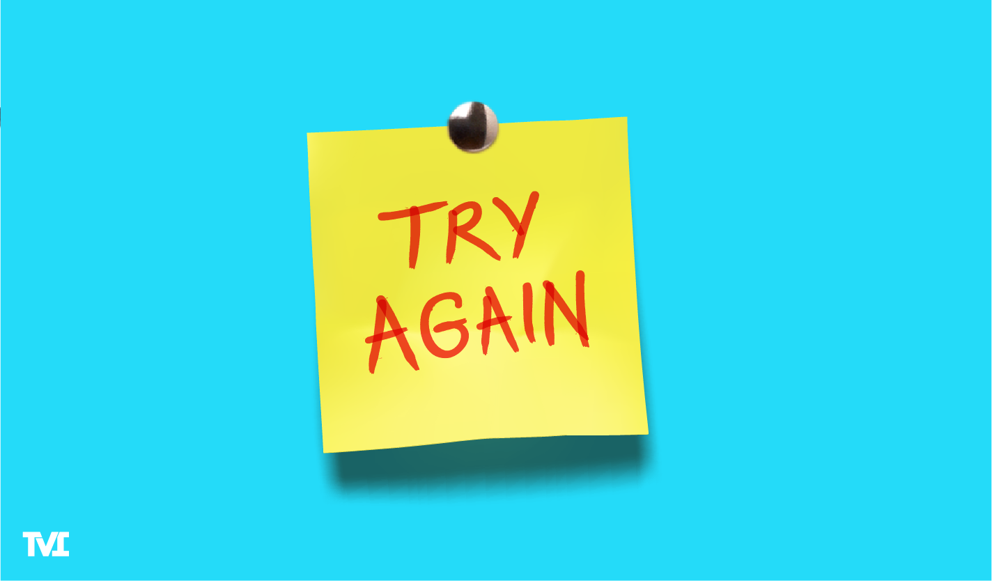 Bright teal background with a yellow sticky note that says "Try Again"
