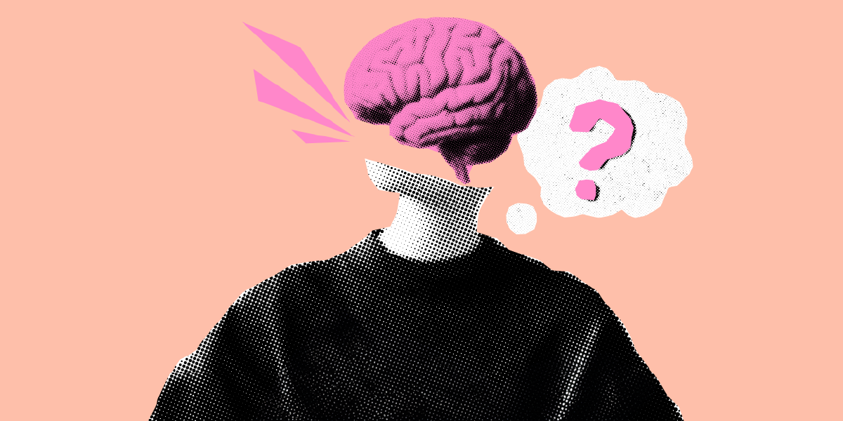 Collage-style image with brain floating over someone's neck and shoulders with a thought bubble with a question mark.