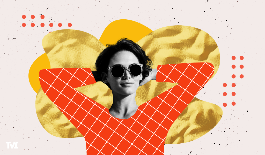 young woman with sunglasses and a bright orange shirt, arms behind her head, resting and enjoying the moment