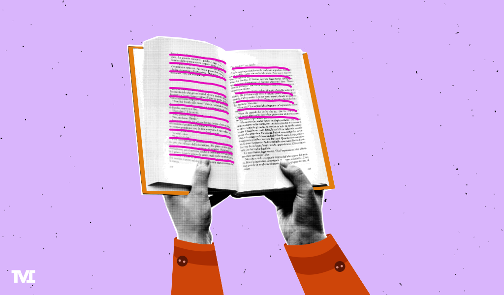 hands holding an open book with highlighted excerpts on a purple background