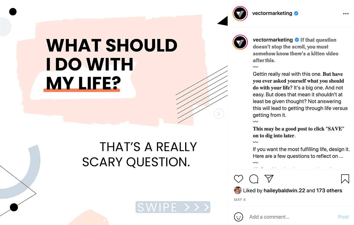 Vector Marketing Instagram post, "What should I do with my life? That's a really scary question."