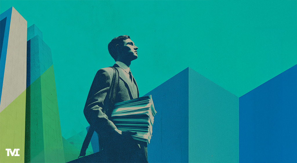 Modern retro image of young man carrying a stack of resumes walking from office building to office building