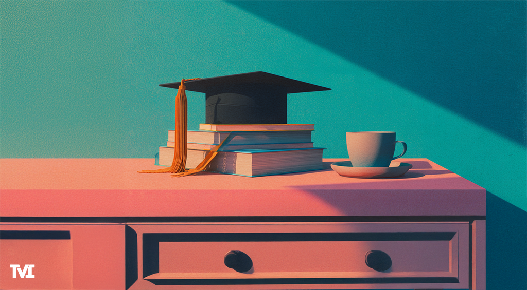 Modern retro pink desk with a graduation cap on a stack of books next to a cup of coffee
