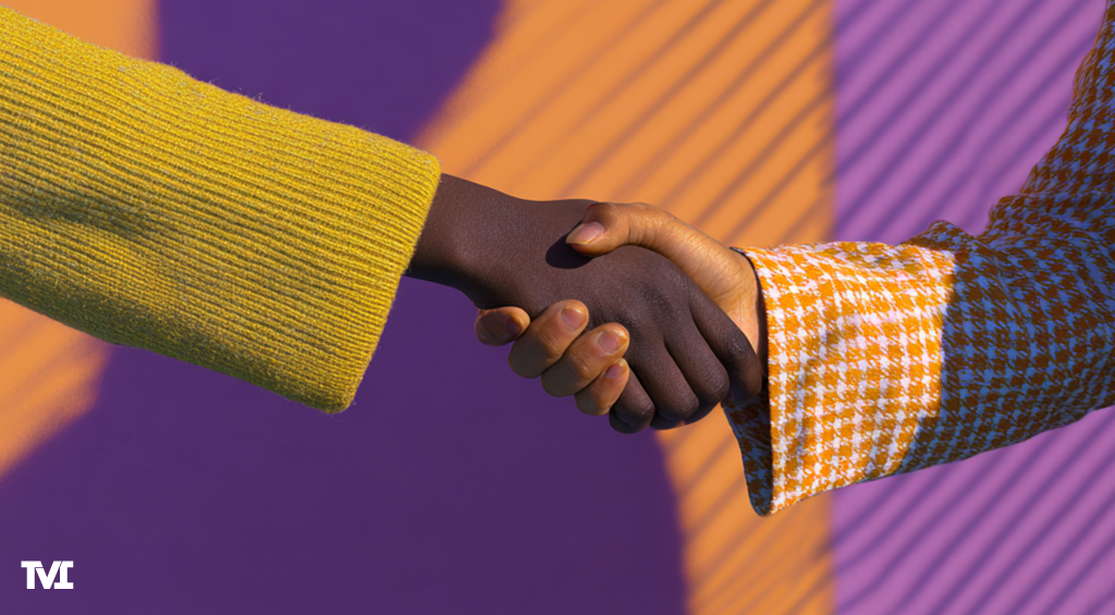 modern retro poster-style of two professional women shaking hands
