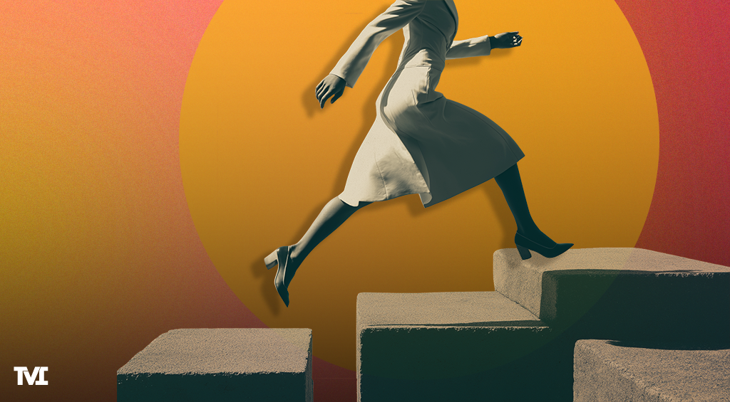 A woman jumping up steps with a bright yellow circle behind her on and red and yellow gradient texture