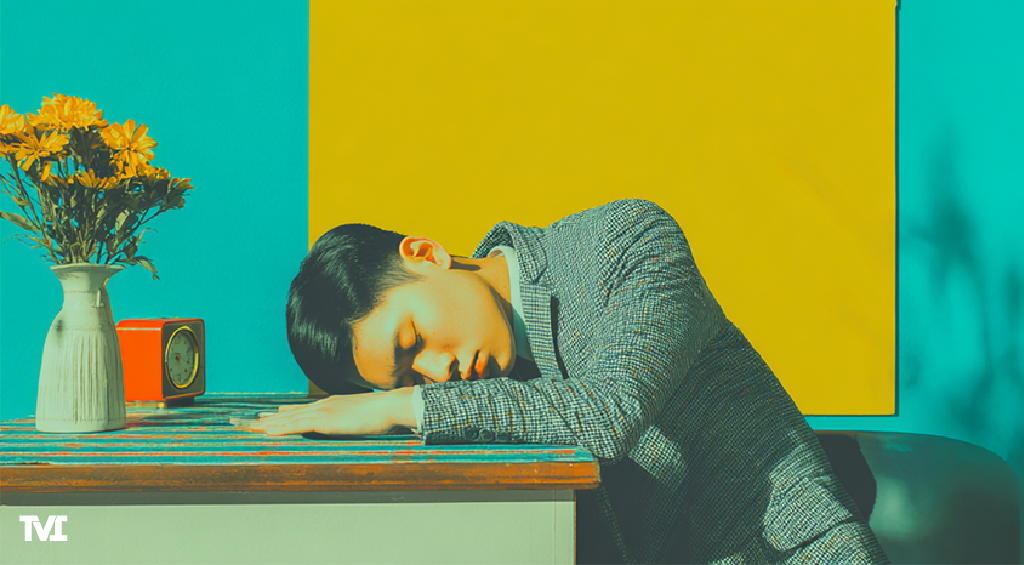 Young man with his head down on his desk, defeated, and eyes closed