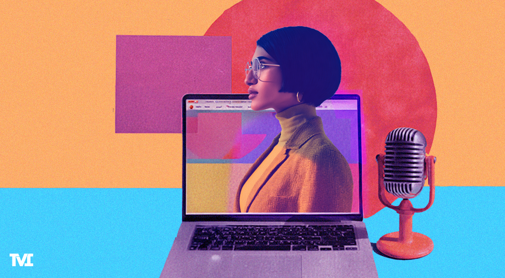 A collage-style impage with a young woman's profile popping up out of a laptop next to a retro microphone and shapes in the background