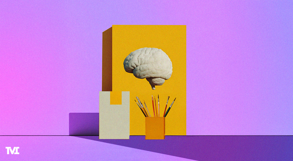 A collage-style image of a floating brain, with a container of paint brushes below and shapes in the background