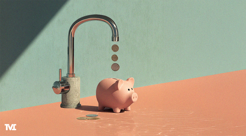 Coins from an "income stream" dripping from a faucet into a piggy bank