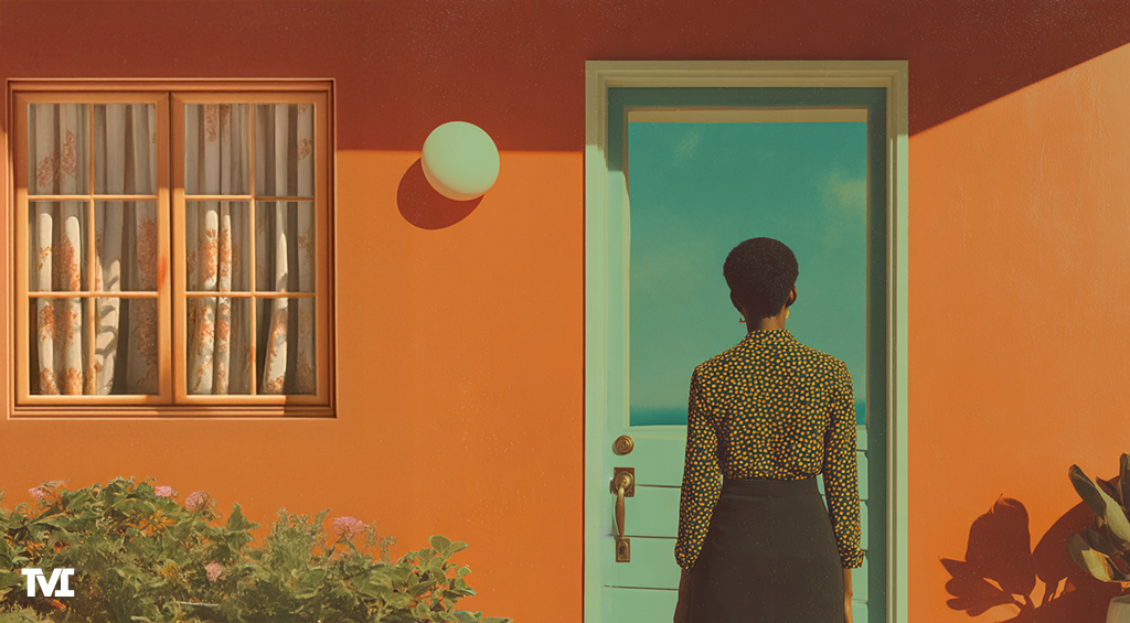 Young saleswoman standing outside of a homeowner's door