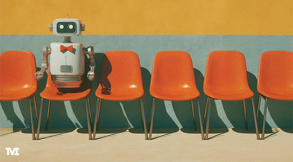A robot sitting in a row of orange chairs
