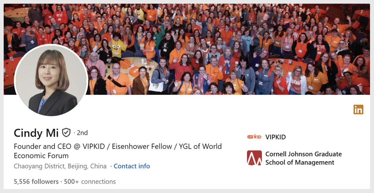 Screenshot of Cindy Mi's LinkedIn Profile header image and details
