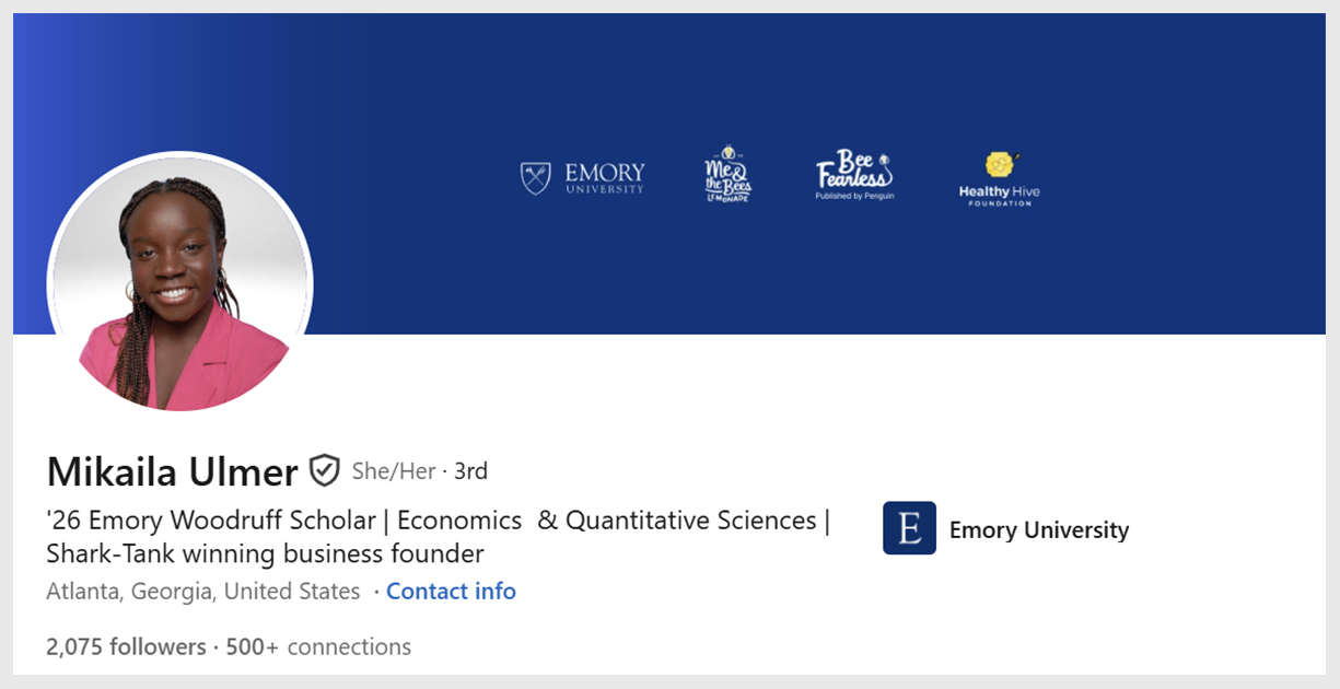 Screenshot of Mikaila Ulmer's LinkedIn profile headshot and background with details