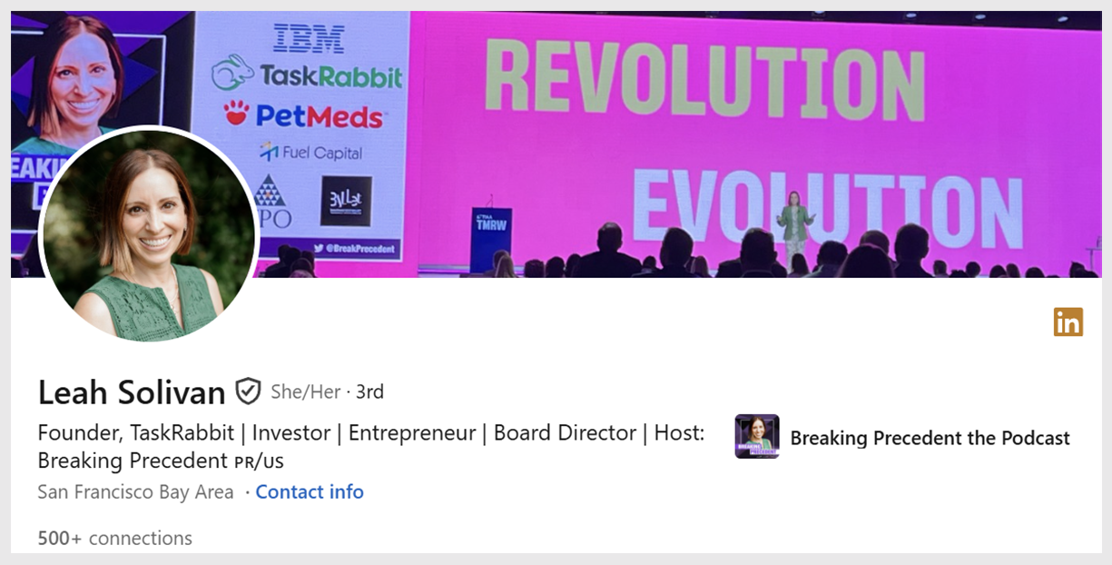 Screenshot of Leah Solivan's LinkedIn profile headshot, background, and details