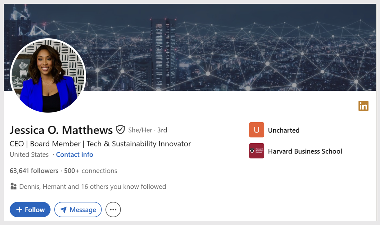 Screenshot of Jessica O. Matthews' LinkedIn profile headshot, background, and details