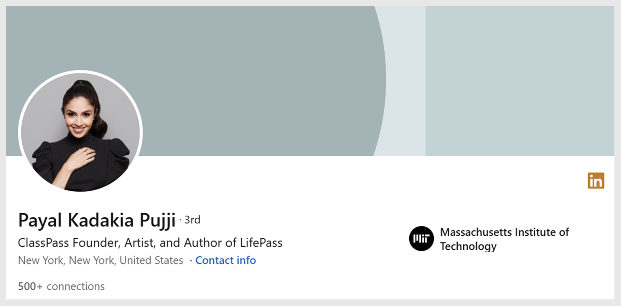 Screenshot of Payal Kadakia Pujji's LinkedIn profile headshot, background, and details