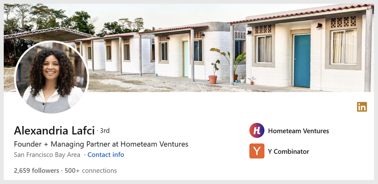 Screenshot of Alexandria Lafci's LinkedIn profile headshot, background, and details