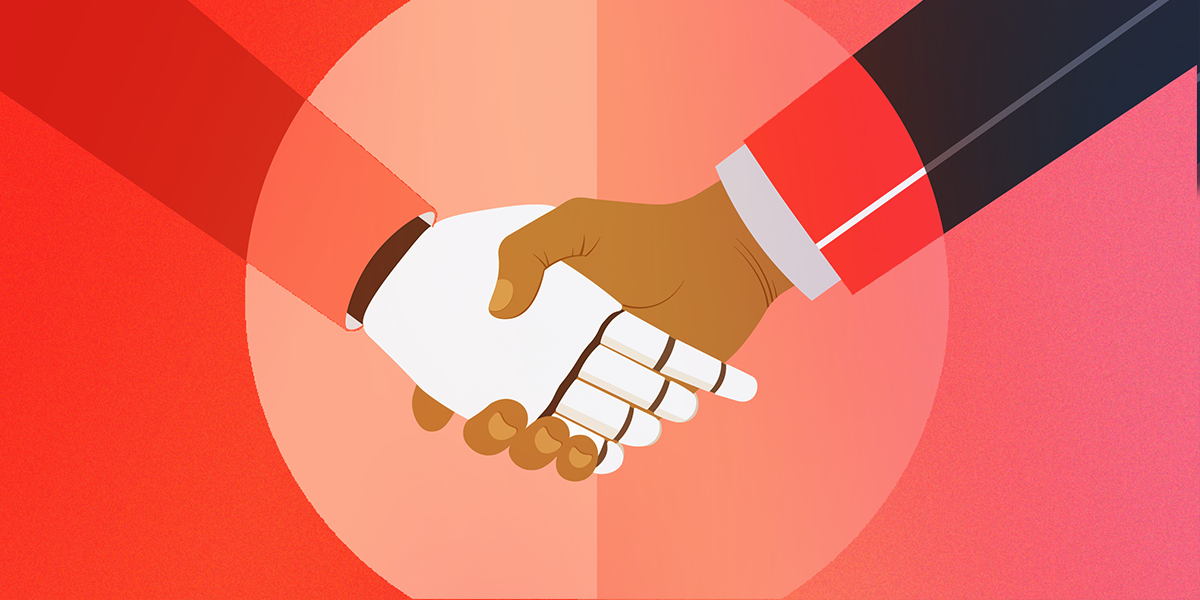 illustration of a business person hand shaking a robot hand