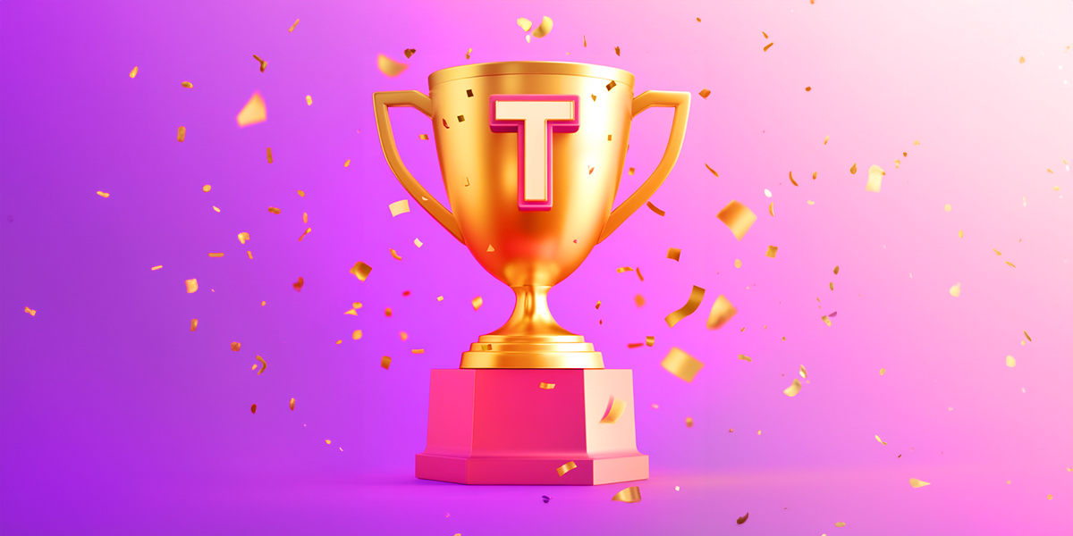 Photorealistic "T" trophy with golden confetti on a purple and pink gradient background