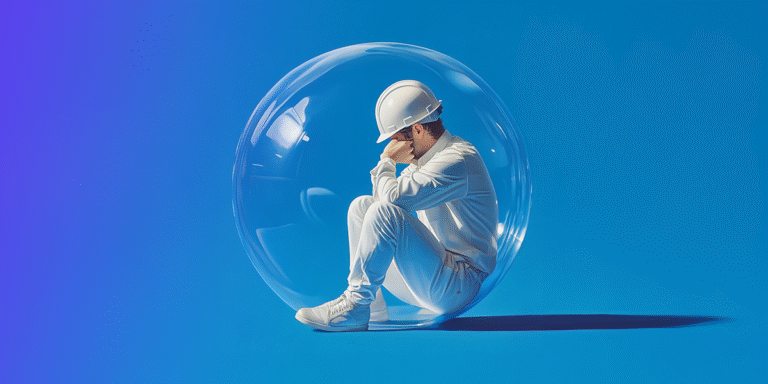 Young man in a hard hat, leaning against his knees, in a bubble, avoiding taking risks.