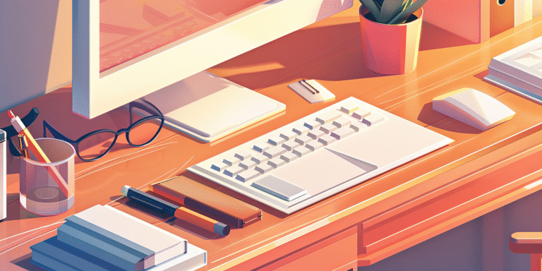 Illustration of tidy desk with computer monitor, keyboard, glasses, pencil and holder, mouse, plant, and books