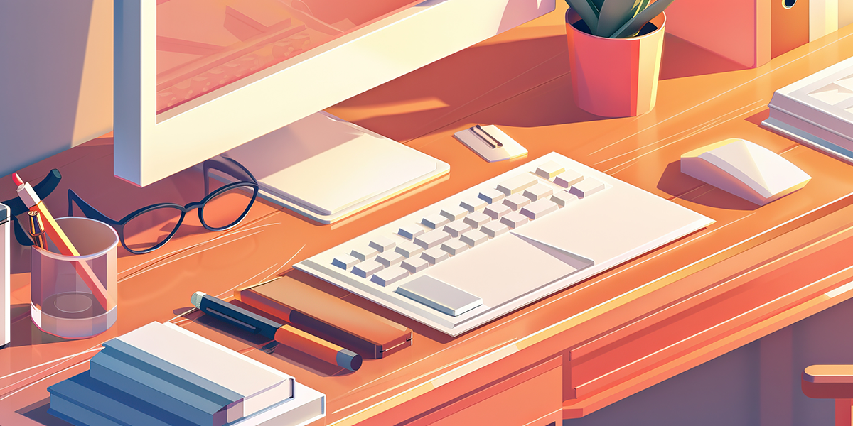 Illustration of tidy desk with computer monitor, keyboard, glasses, pencil and holder, mouse, plant, and books