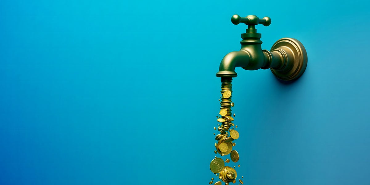 faucet flowing with gold coins on a bright blue background