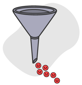 Illustration of a funnel with sad faces filtering out of it