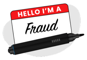 Illustration of marker and a name tag that says "hello I am a fraud"