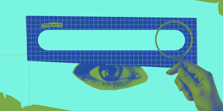 Collage-style image of internet search bar with an eyeball behind it and a hand holding a magnifying glass. Greenish-teal background.