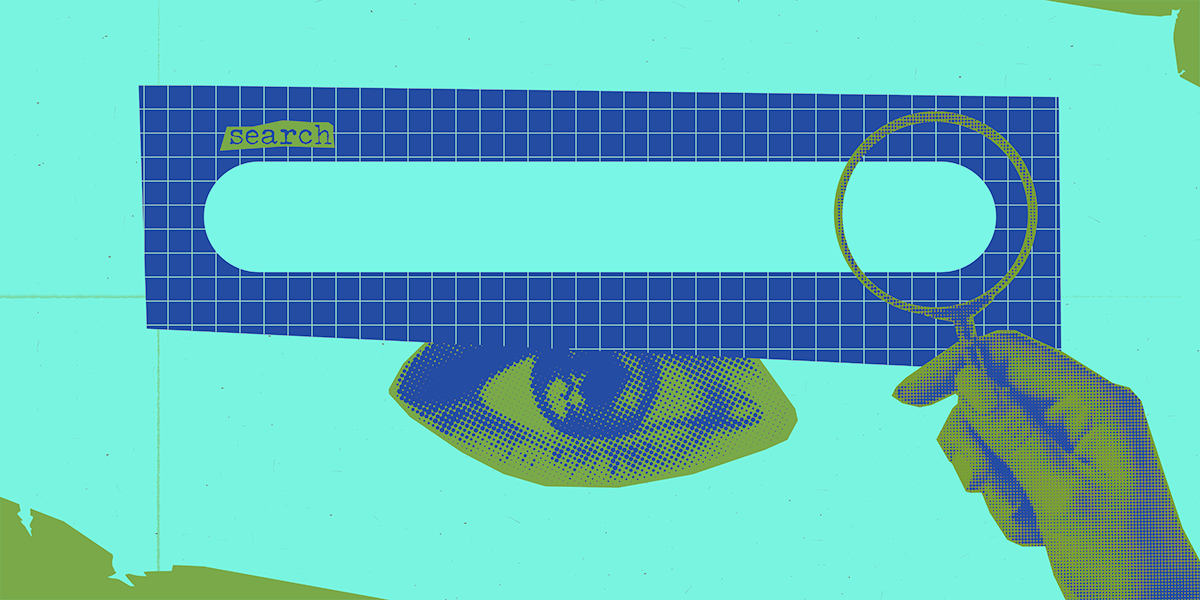 Collage-style image of internet search bar with an eyeball behind it and a hand holding a magnifying glass. Greenish-teal background.