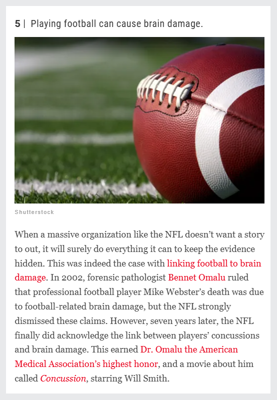 Screenshot of BestLife article discussing the conspiracy theory (that turned out to be true) of a link between playing football and brain damage