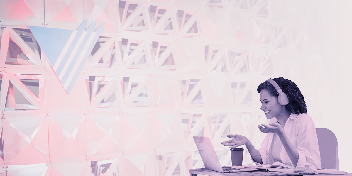 Young woman on virtual sales call with a laptop and headphones; mixed media collage-style speech bubble above her head
