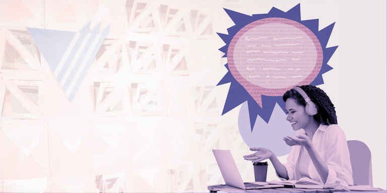 Young woman on virtual sales call with a laptop and headphones; mixed media collage-style speech bubble above her head