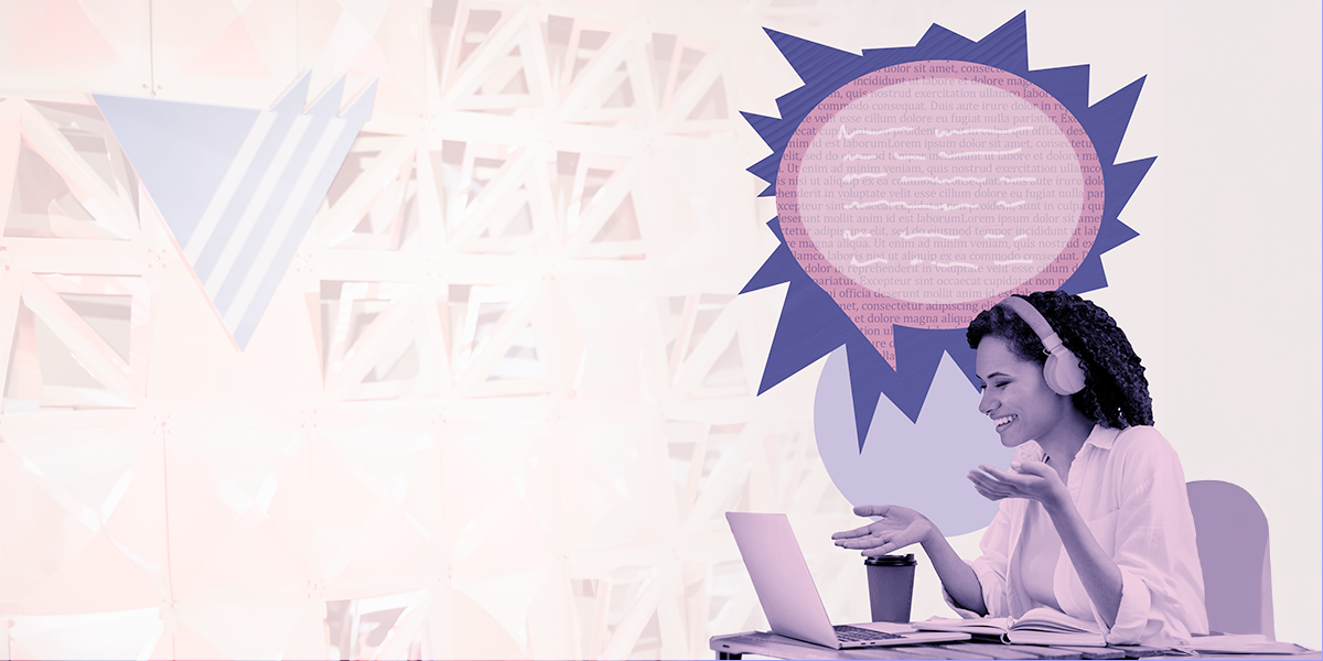 Young woman on virtual sales call with a laptop and headphones; mixed media collage-style speech bubble above her head