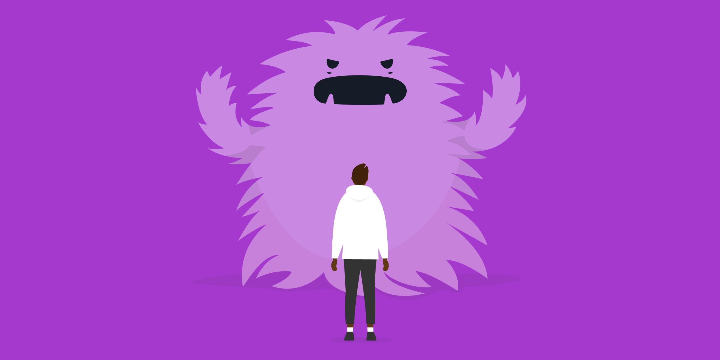 illustration of anxiety monster waving arms in front of young man