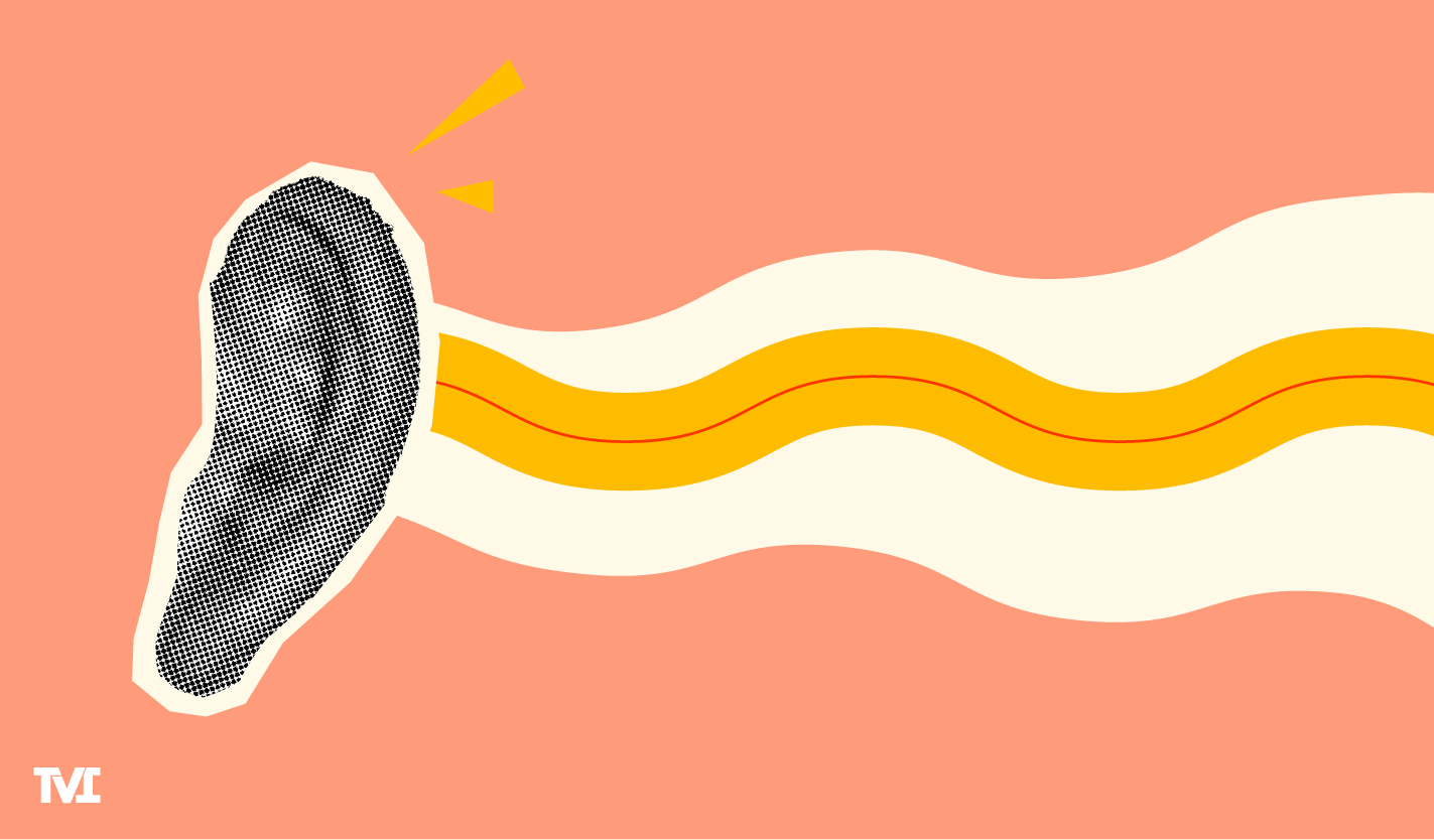 a colorful collage of an ear with sound waves flowing from it