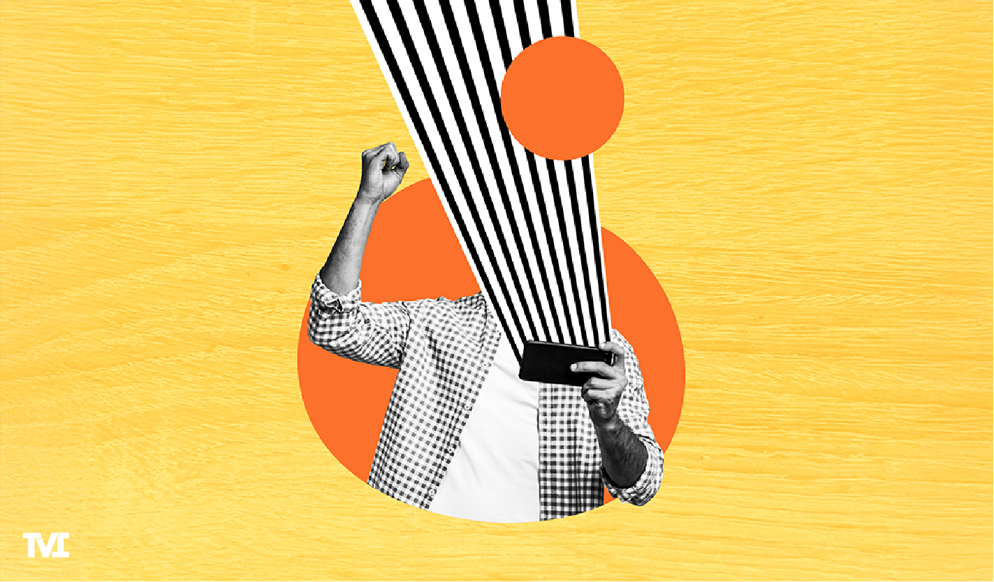 colorful collage of a young man staring at his phone, his face blocked by beams shooting from phone