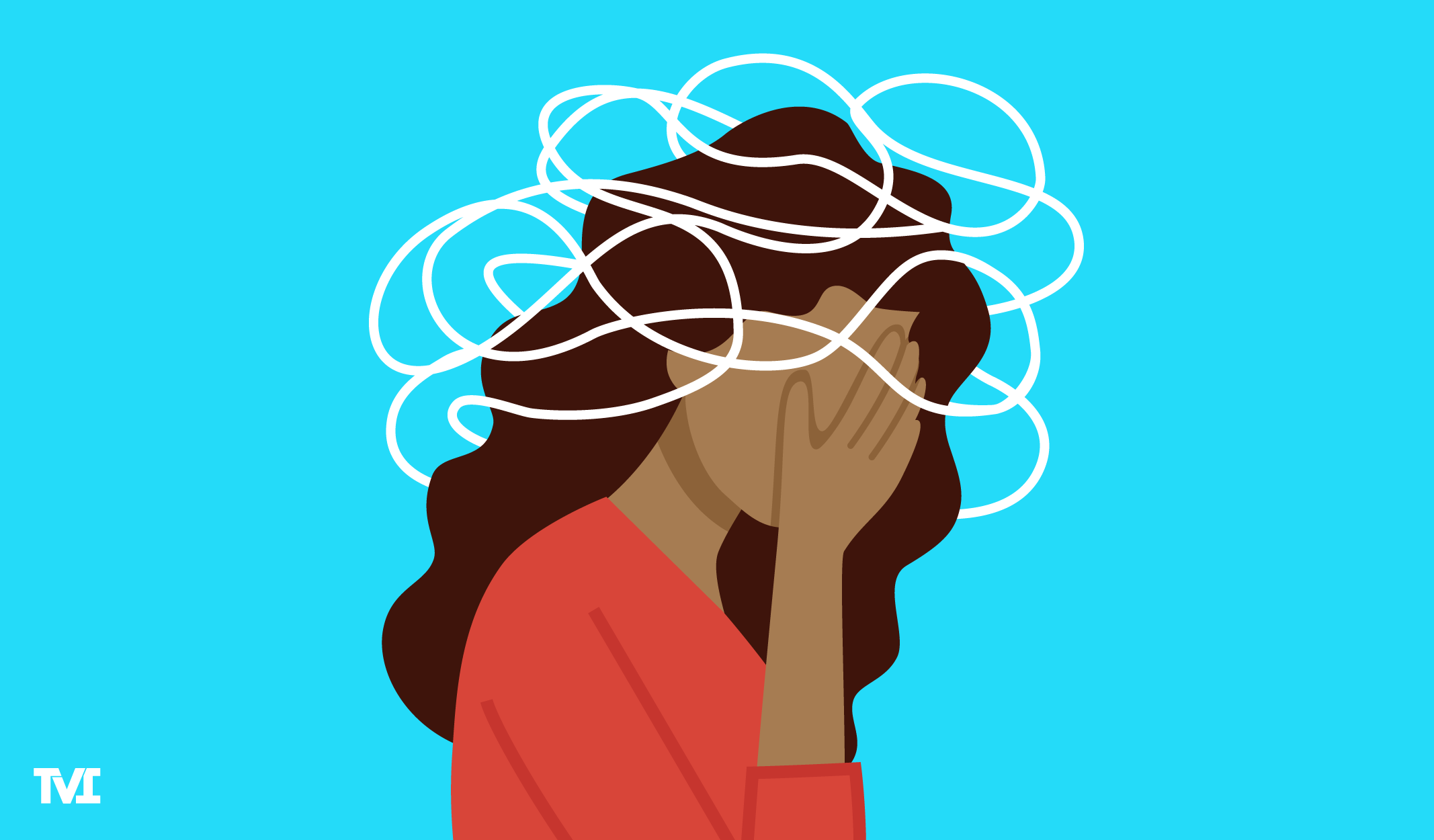 Illustration of exhausted and frazzled young woman covering her face on bright teal background